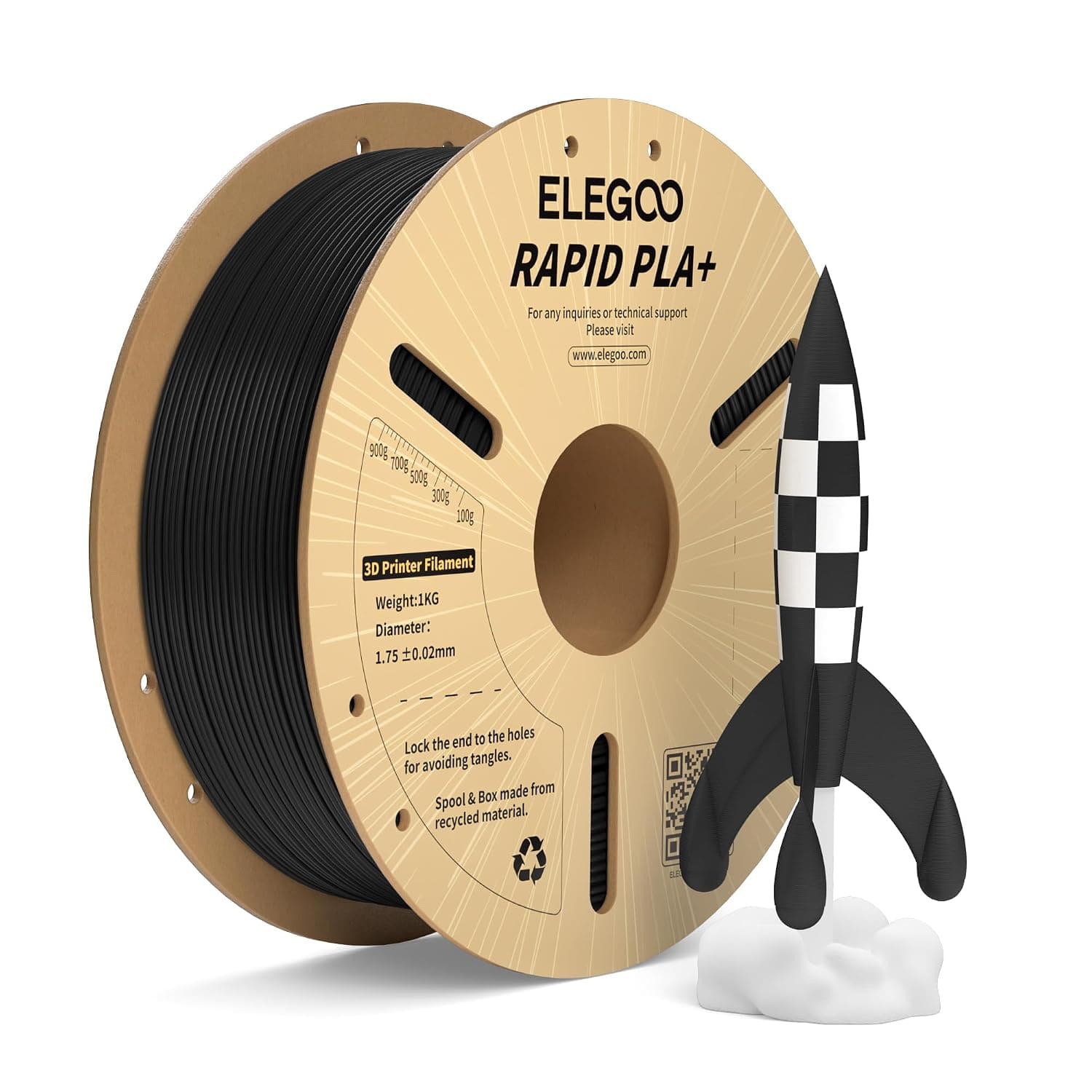 ELEGOO ELEGOO Rapid PLA Plus Filament 1.75mm Black 1KG, PLA+ 3D Printer Filament for 30-600 mm/s High Speed Printing, Dimensional Accuracy +/- 0.02 mm, 1kg Cardboard Spool(2.2lbs)